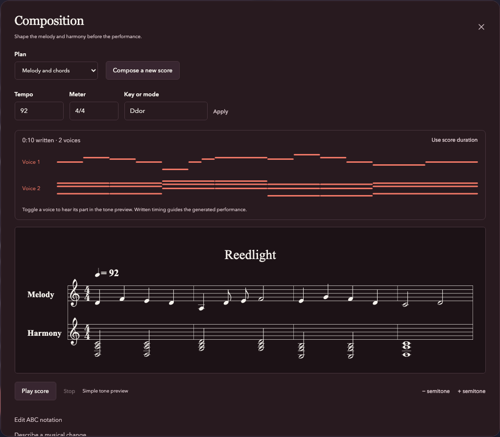 Riff composition workspace with an editable musical staff
