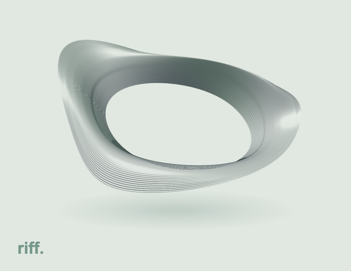 Mineral green waveform contours forming a floating sculpture, with the riff wordmark in its corner